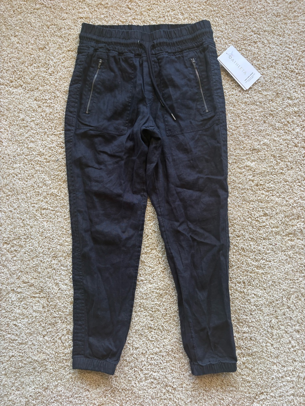 NWT Athleta Cabo Linen Jogger Pants Black Size 2 Drawstring Casual